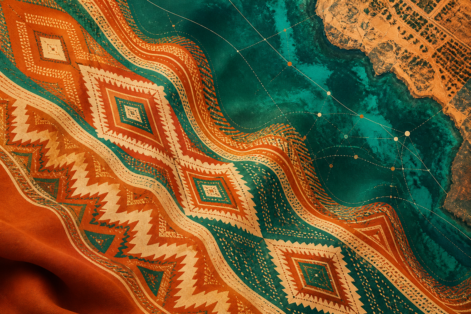 Abstract chitenje textile pattern blending Malawian heritage with aerial mapping